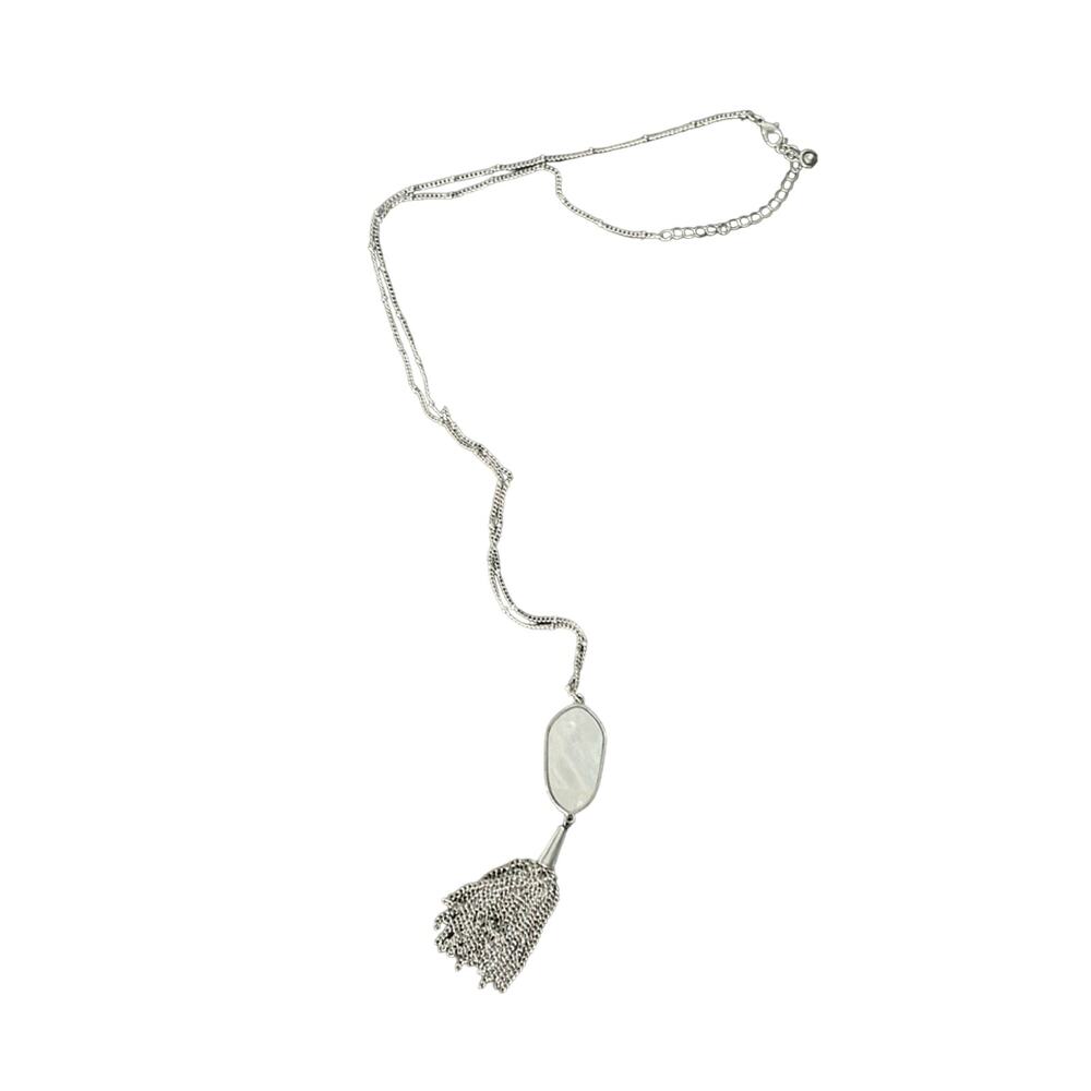 Silver Necklace with white/ opaque pendant and tassle